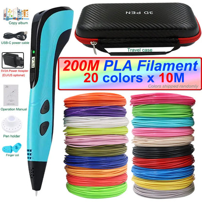 2024 New 3D Printing Pen 3D Pen for Children with Power Adapter 200M PLA Filament Travel Case Birthday Christmas Gift for Kids