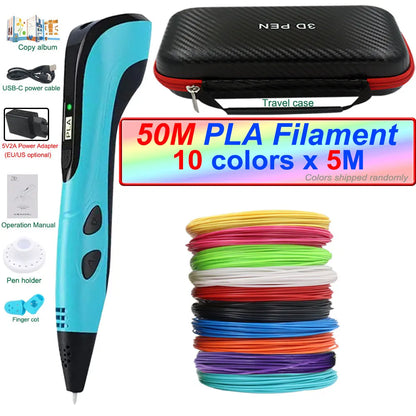 2024 New 3D Printing Pen 3D Pen for Children with Power Adapter 200M PLA Filament Travel Case Birthday Christmas Gift for Kids