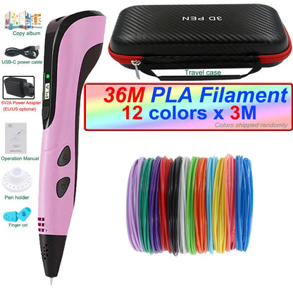 2024 New 3D Printing Pen 3D Pen for Children with Power Adapter 200M PLA Filament Travel Case Birthday Christmas Gift for Kids