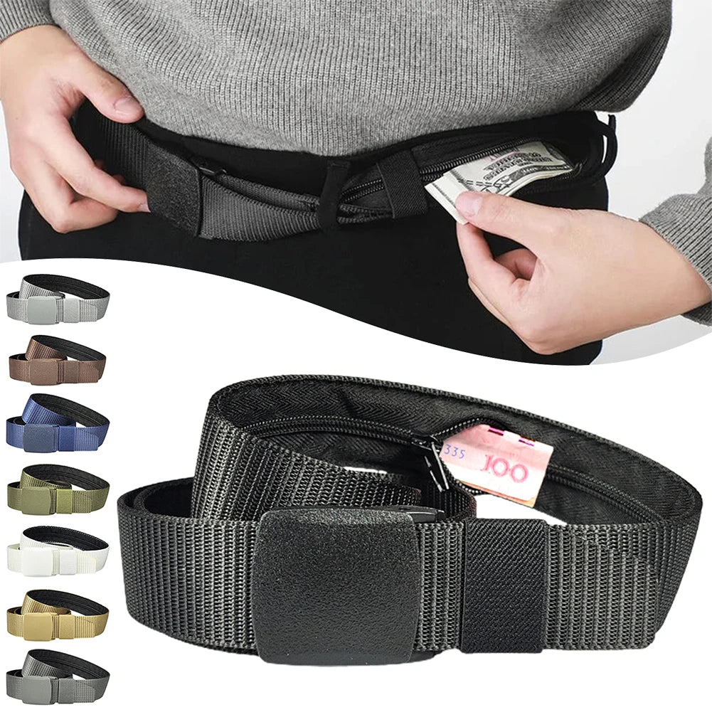 Travel Cash anti Theft Belt,Outdoor Safety Hidding Money Pants Belt with Zipper for Men Male Use,Nylon Secret Pocket Waist Strap