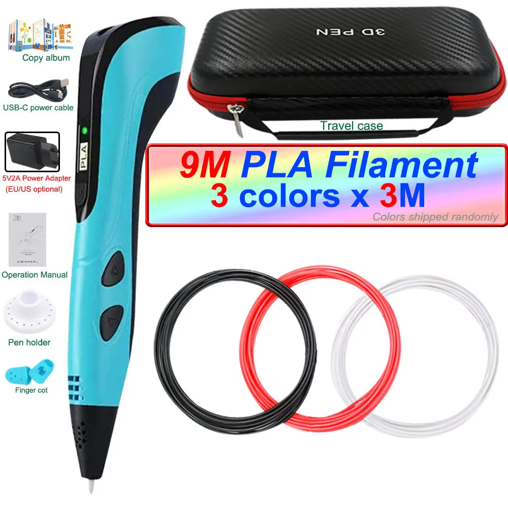 2024 New 3D Printing Pen 3D Pen for Children with Power Adapter 200M PLA Filament Travel Case Birthday Christmas Gift for Kids