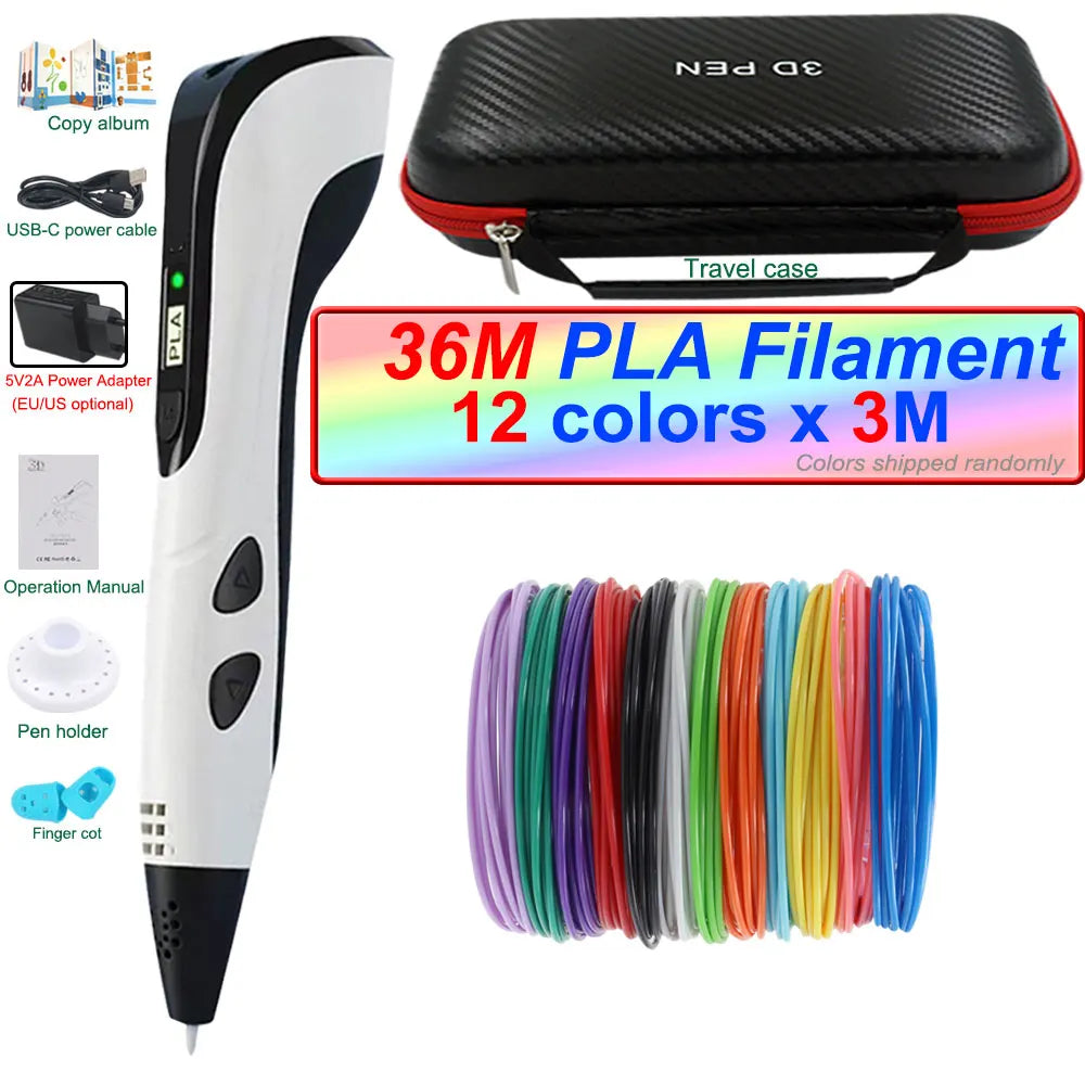 2024 New 3D Printing Pen 3D Pen for Children with Power Adapter 200M PLA Filament Travel Case Birthday Christmas Gift for Kids