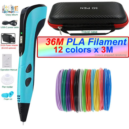 2024 New 3D Printing Pen 3D Pen for Children with Power Adapter 200M PLA Filament Travel Case Birthday Christmas Gift for Kids